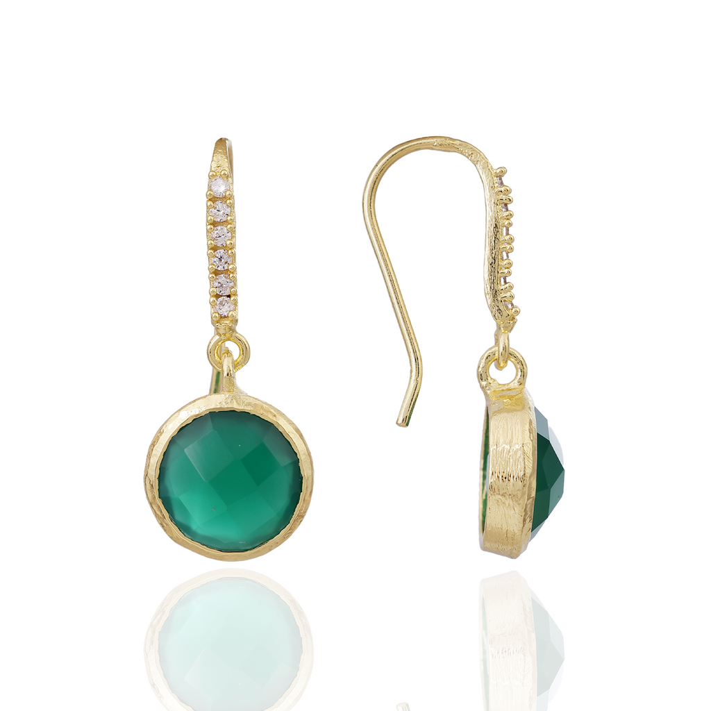 Charis Round Gemstone Earrings Green Onyx, Front CZ Hooks