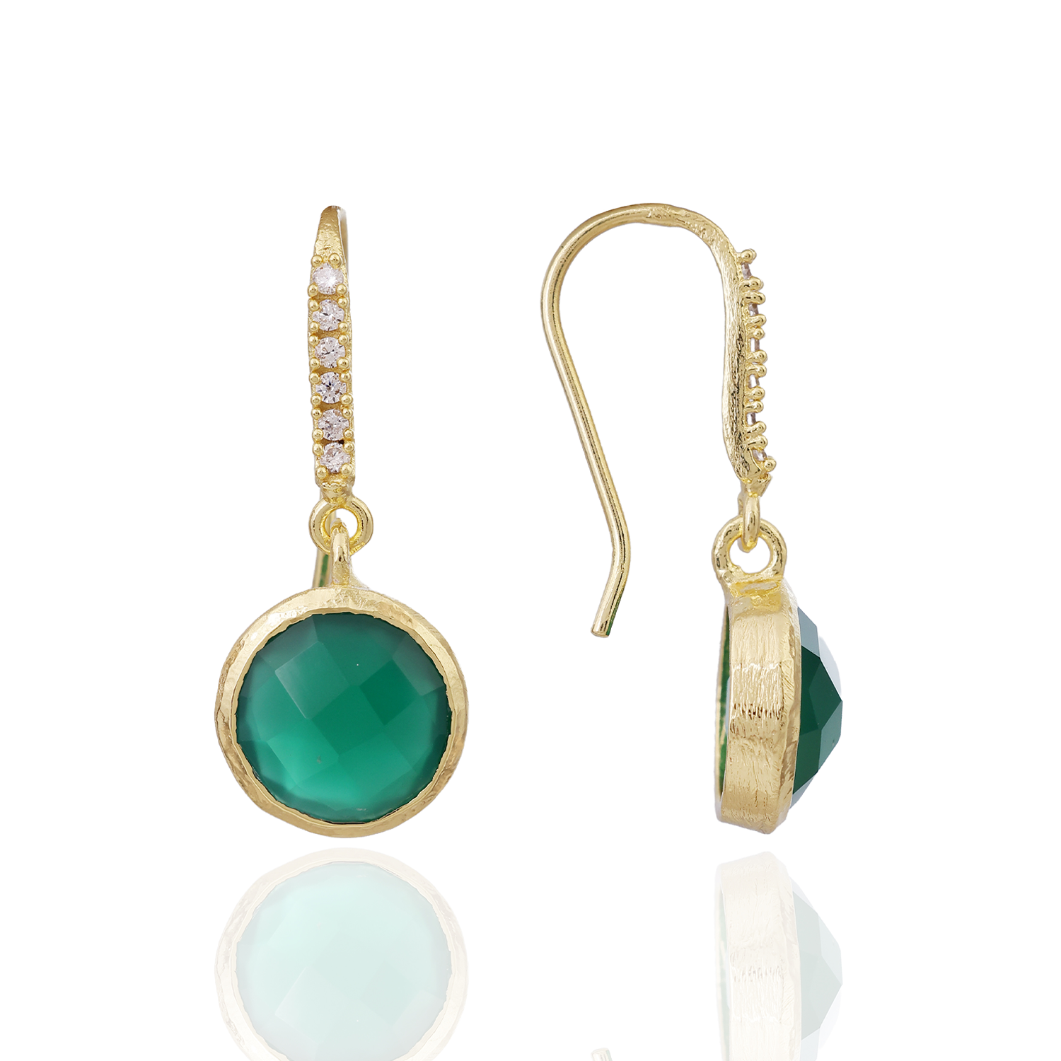 Charis Round Gemstone Earrings Green Onyx, Front CZ Hooks