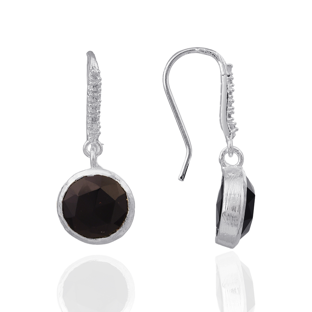 Charis Round Gemstone Earrings Silver Black Onyx, Front CZ Hooks