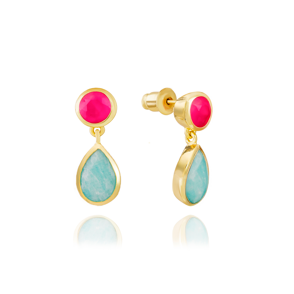 Iris Double Gemstone Drop Earrings with Fuchsia Onyx & Amazonite
