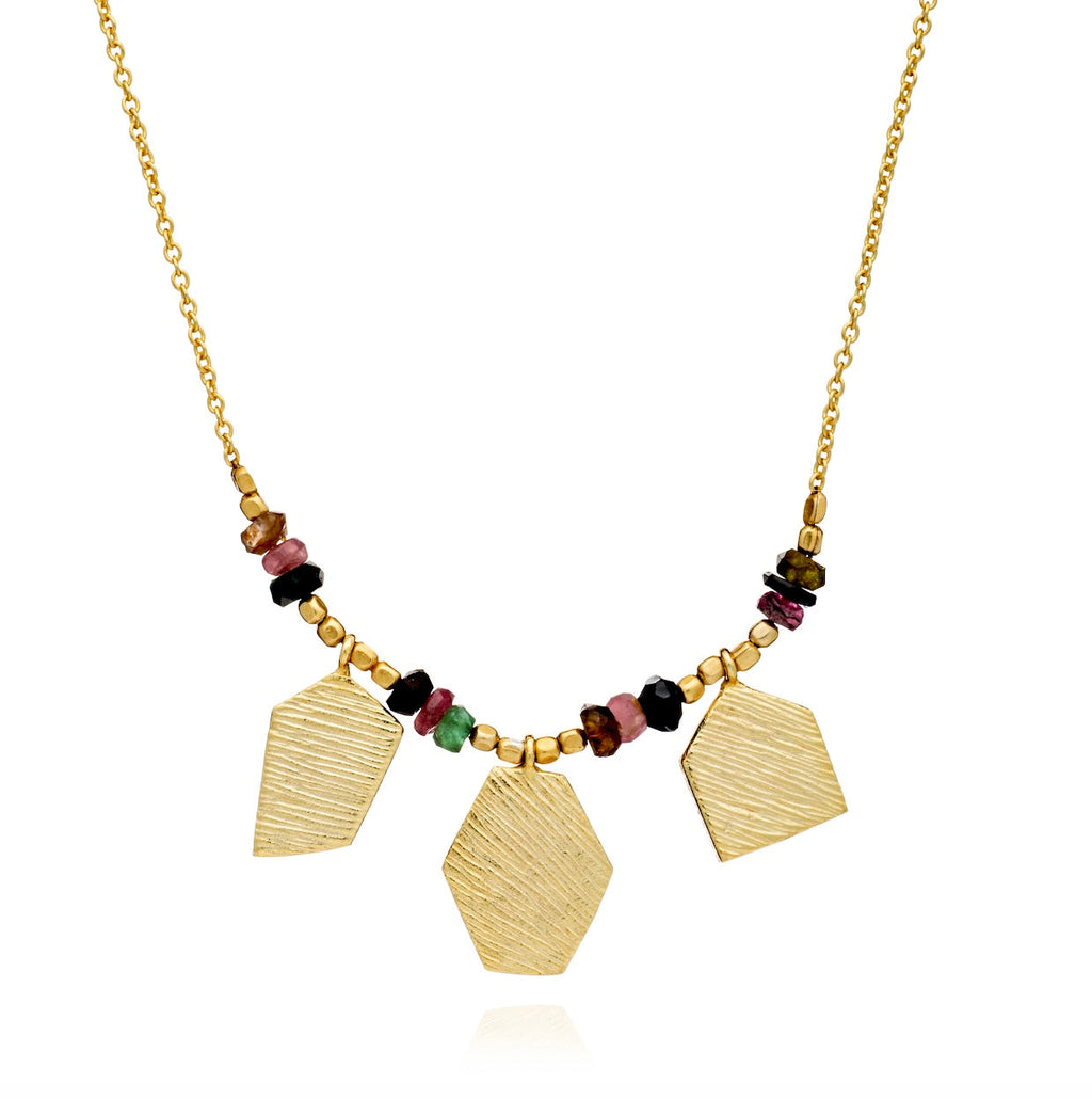 Athena Thetis Gemstone and Textured Charm Necklace Apatite/Peach Agate/Tourmaline