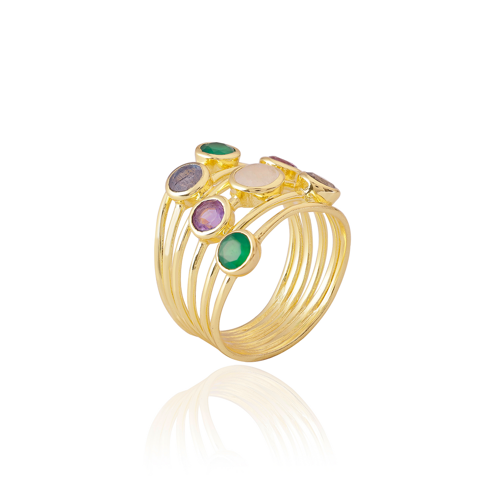 Entwined Gemstone Cocktail Ring with Green Onyx, Amethyst, Moonstone and Labradorite