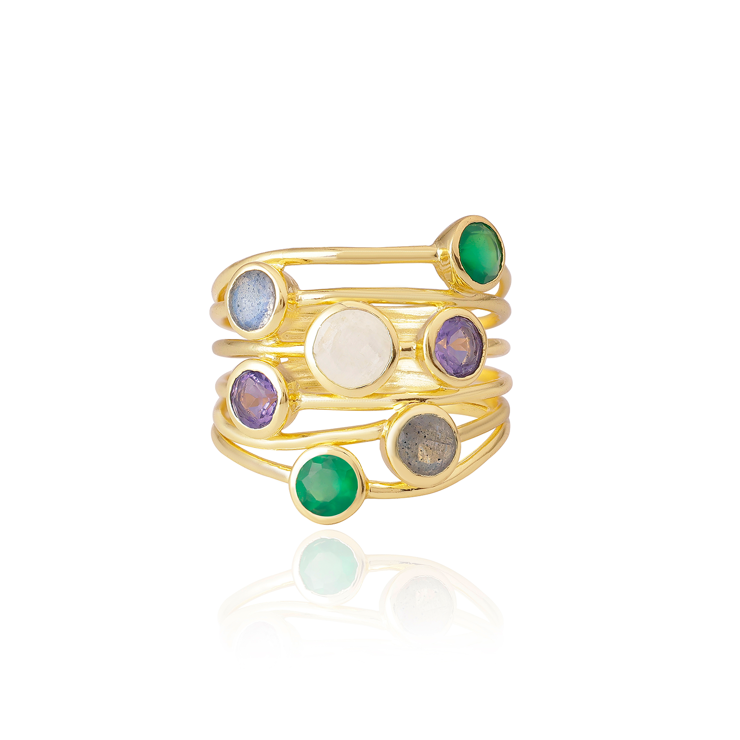 Entwined Gemstone Cocktail Ring with Green Onyx, Amethyst, Moonstone and Labradorite