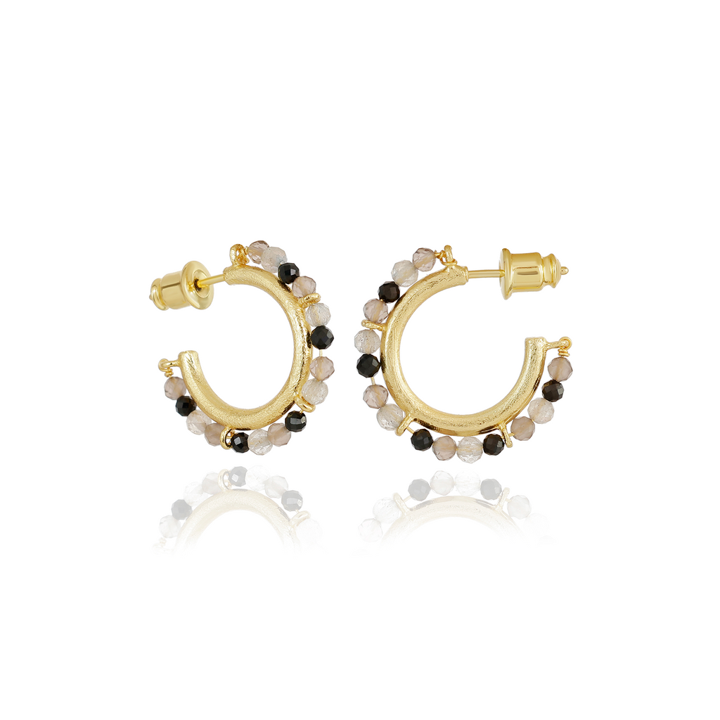 Ophelia Small Gemstone Hoops Smoky Quartz, Labradorite & Black Onyx