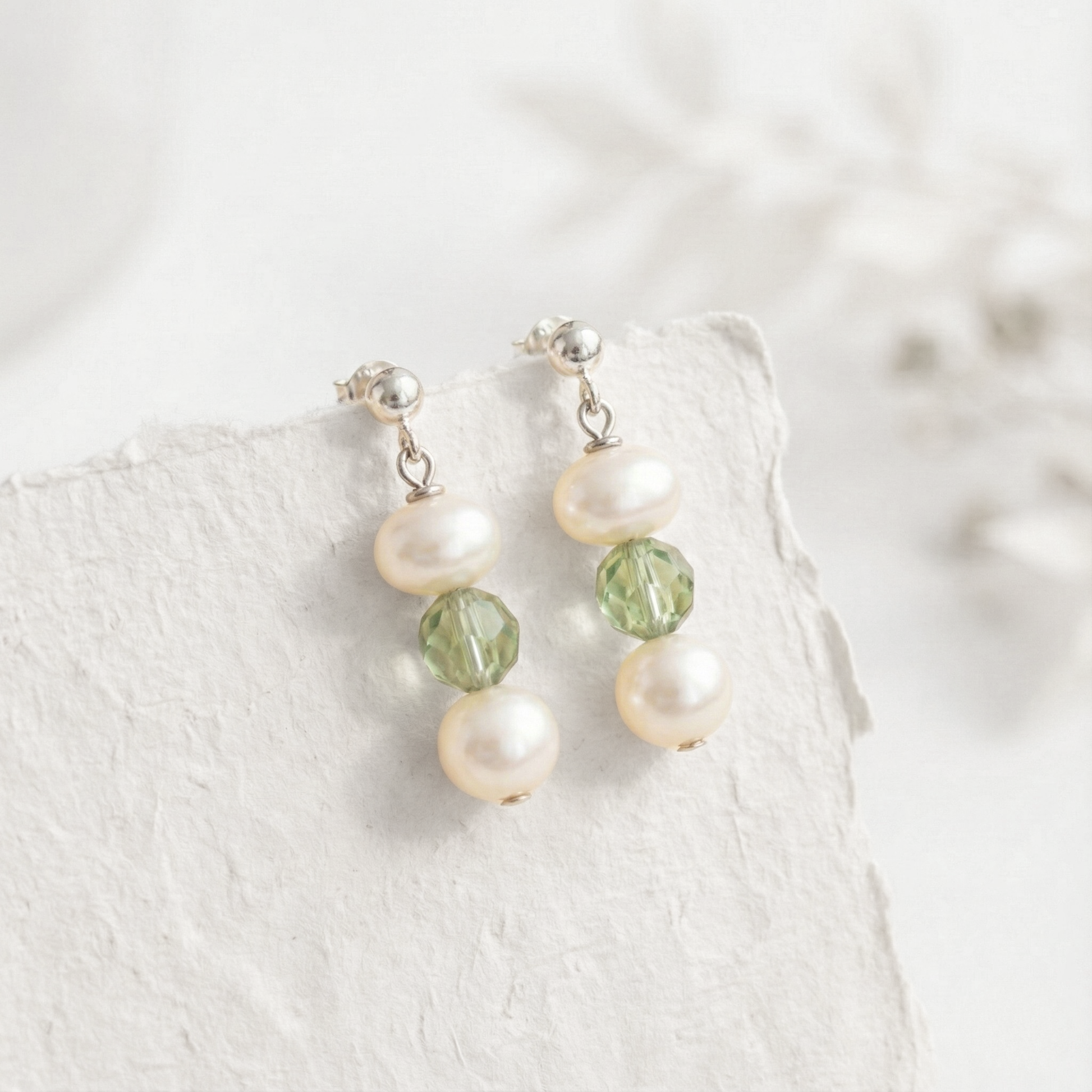 Peridot and Pearl August Birthstone Drop Earrings Handmade
