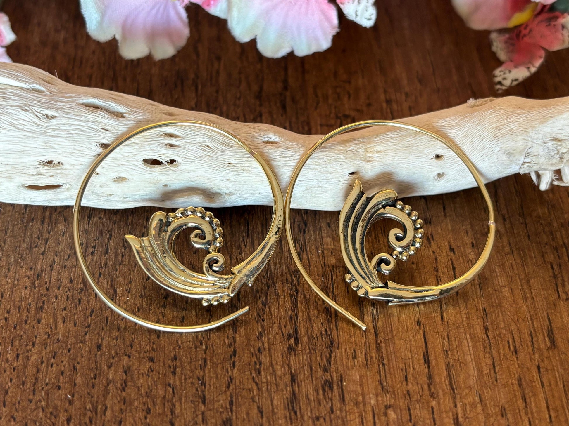 Spiral Shell Brass Hoop Earrings with Swirl Pattern