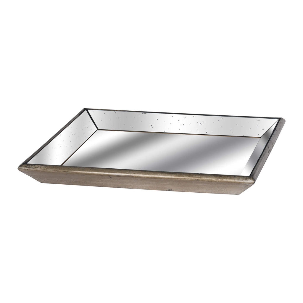 Gold-finished square tray with distressed glass and wooden frame, antique metallic accents for elegant serving or display. by sostter at brixbailey.com