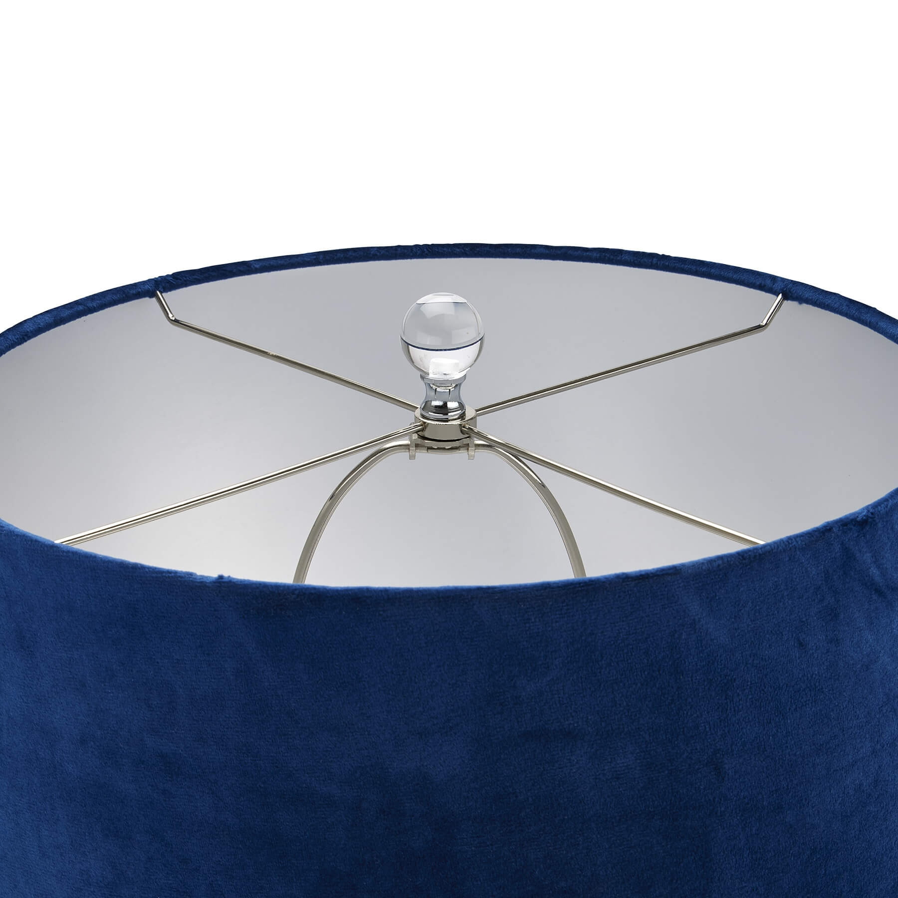 Handcrafted Ice Shadows table lamp with blue and white glaze, navy velvet shade, and elegant ball finial. by RoomLondon at brixbailey.com