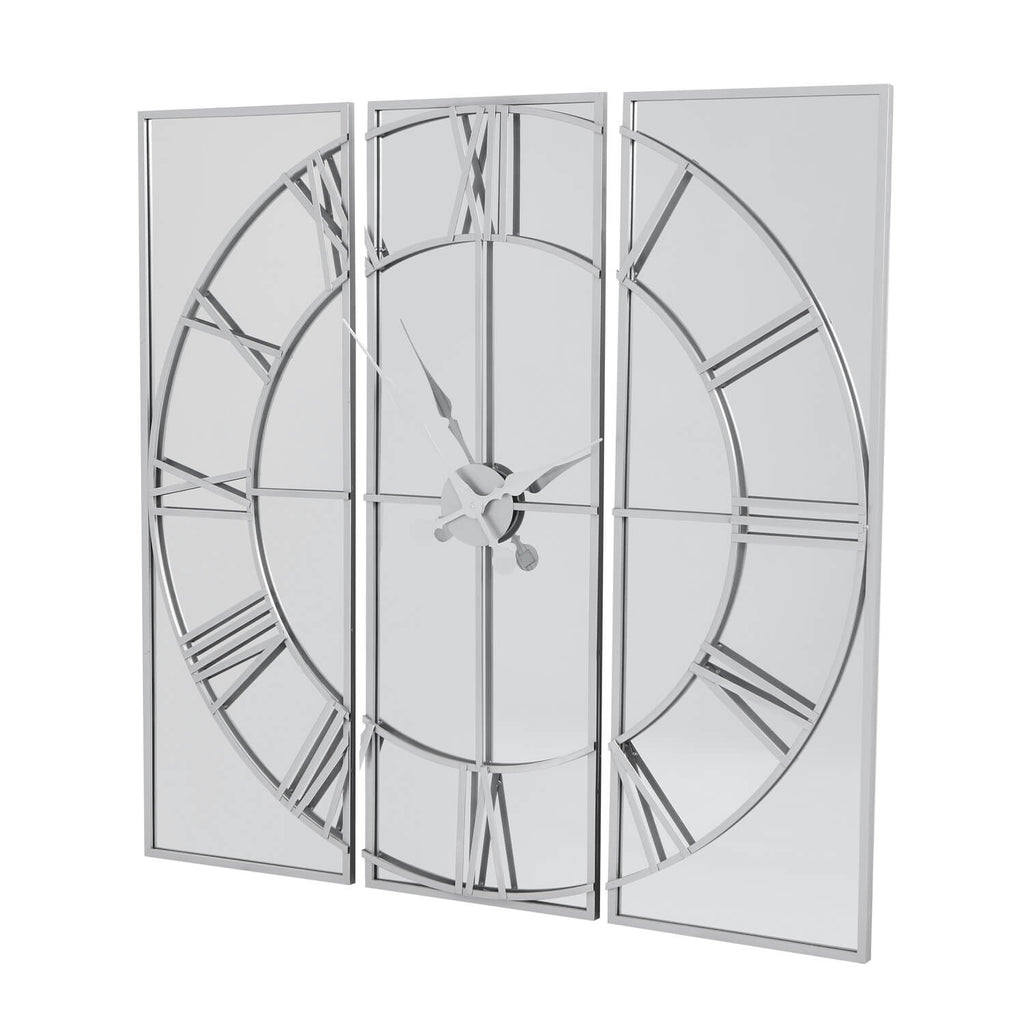 Celina mirrored wall clock with silver metal frame, modern skeleton design, and reflective glass face by Sostter at brixbailey.com