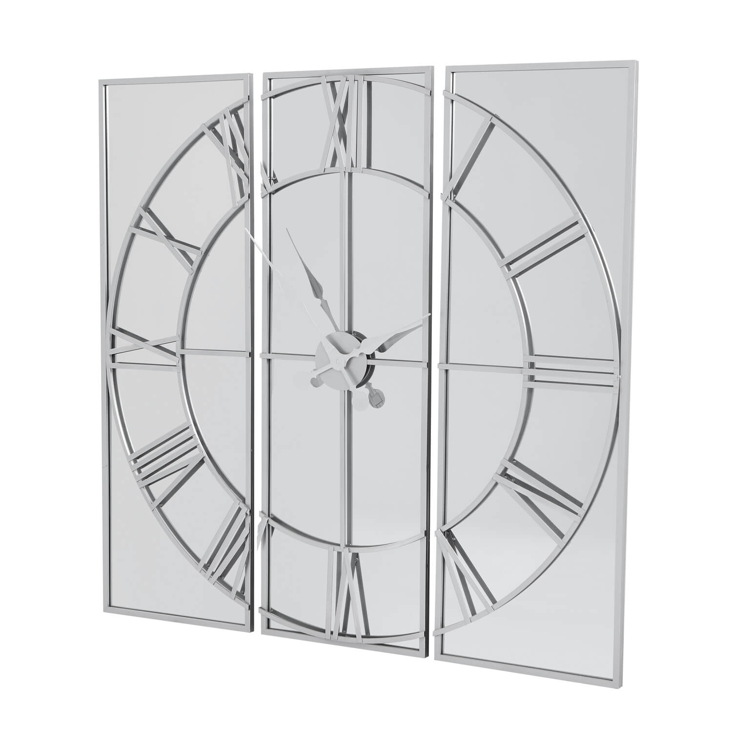 Celina mirrored wall clock with silver metal frame, modern skeleton design, and reflective glass face by Sostter at brixbailey.com