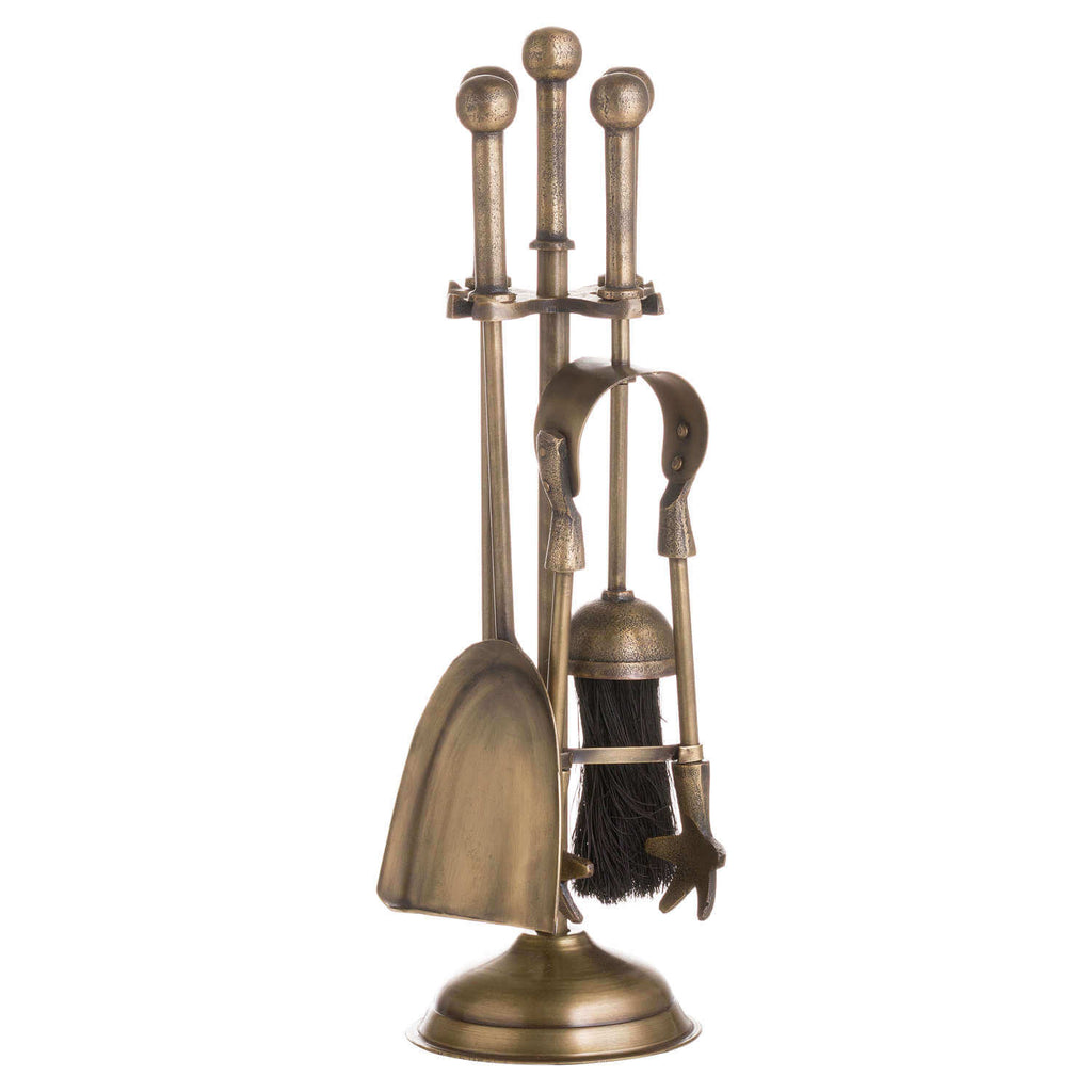 Antique brass fireplace companion set with ball detailing, solid metal construction, 40cm height. by sostter at brixbailey.com