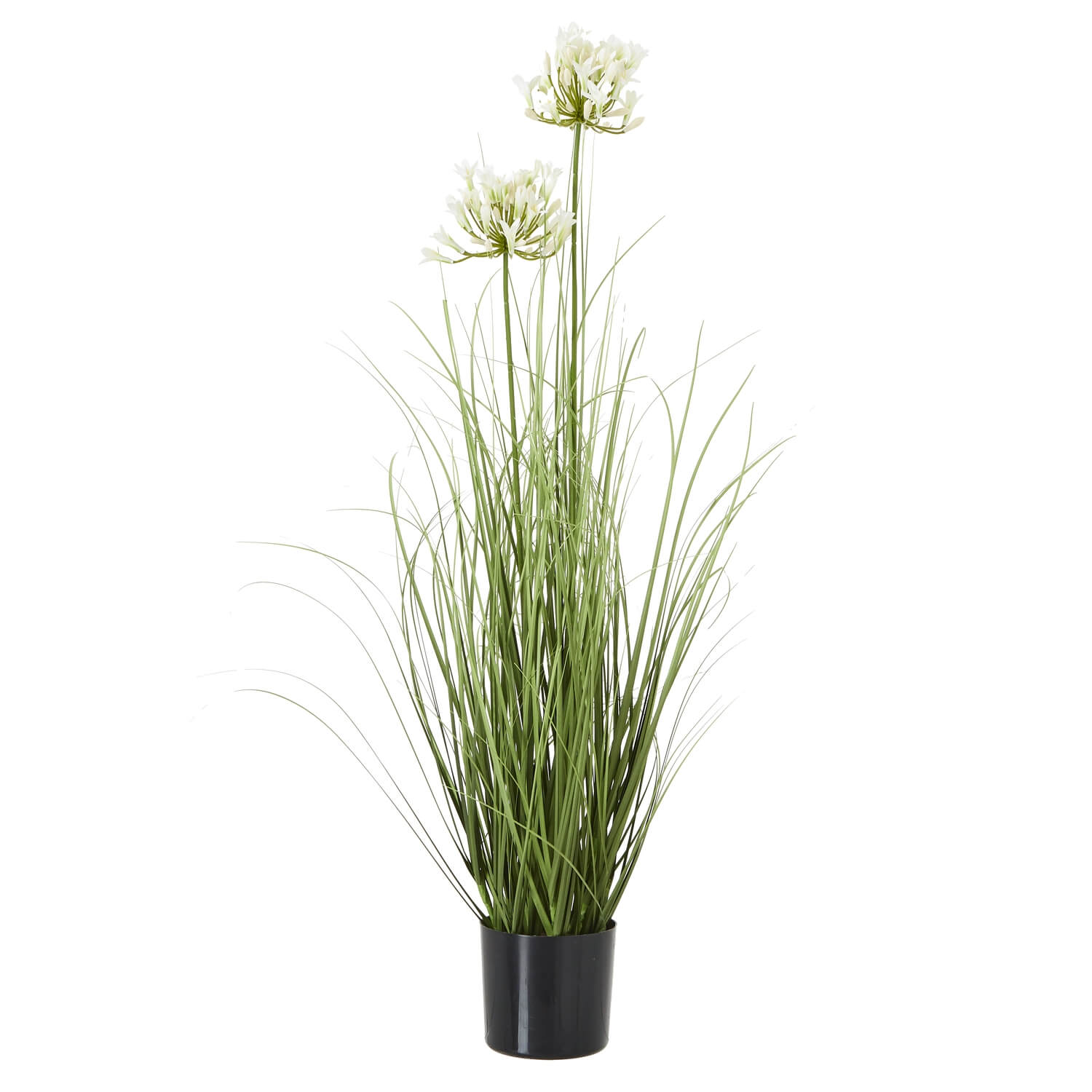 White faux agapanthus in black pot, lifelike artificial flowers with green stems, 35-inch home decor arrangement by sostter at brixbailey.com
