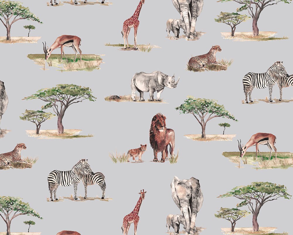 Safari Animals Hand Designed Children's Wallpaper in Blue, Cream and Grey