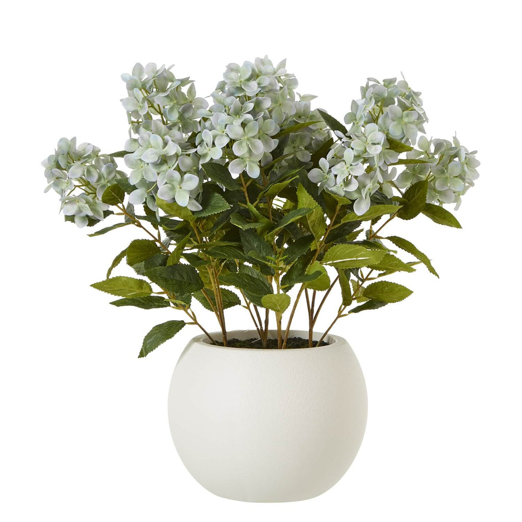 Lifelike faux green hydrangea plant with white blooms and lush foliage, 58cm tall, perfect for home decor by Sostter at brixbailey.com