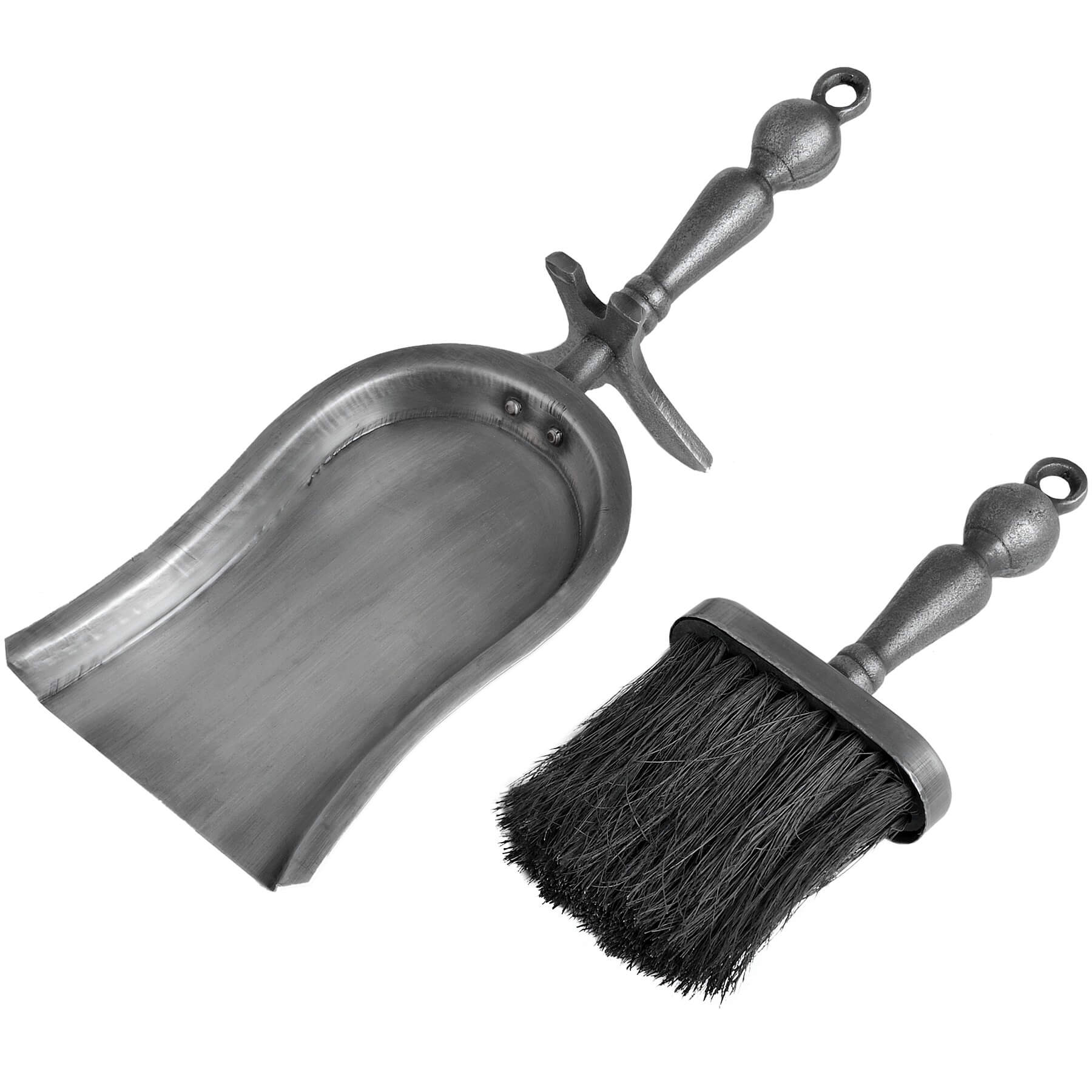 Antique pewter hearth set with matching brush and shovel, steel construction in rich silver tone for fireplace maintenance. by sostter at brixbailey.com