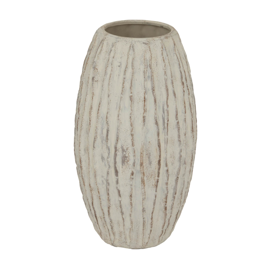 White ceramic Lorenza Large Fin Vase with geometric fin textures, contemporary sculptural design, 49cm height. by Sostter at brixbailey.com