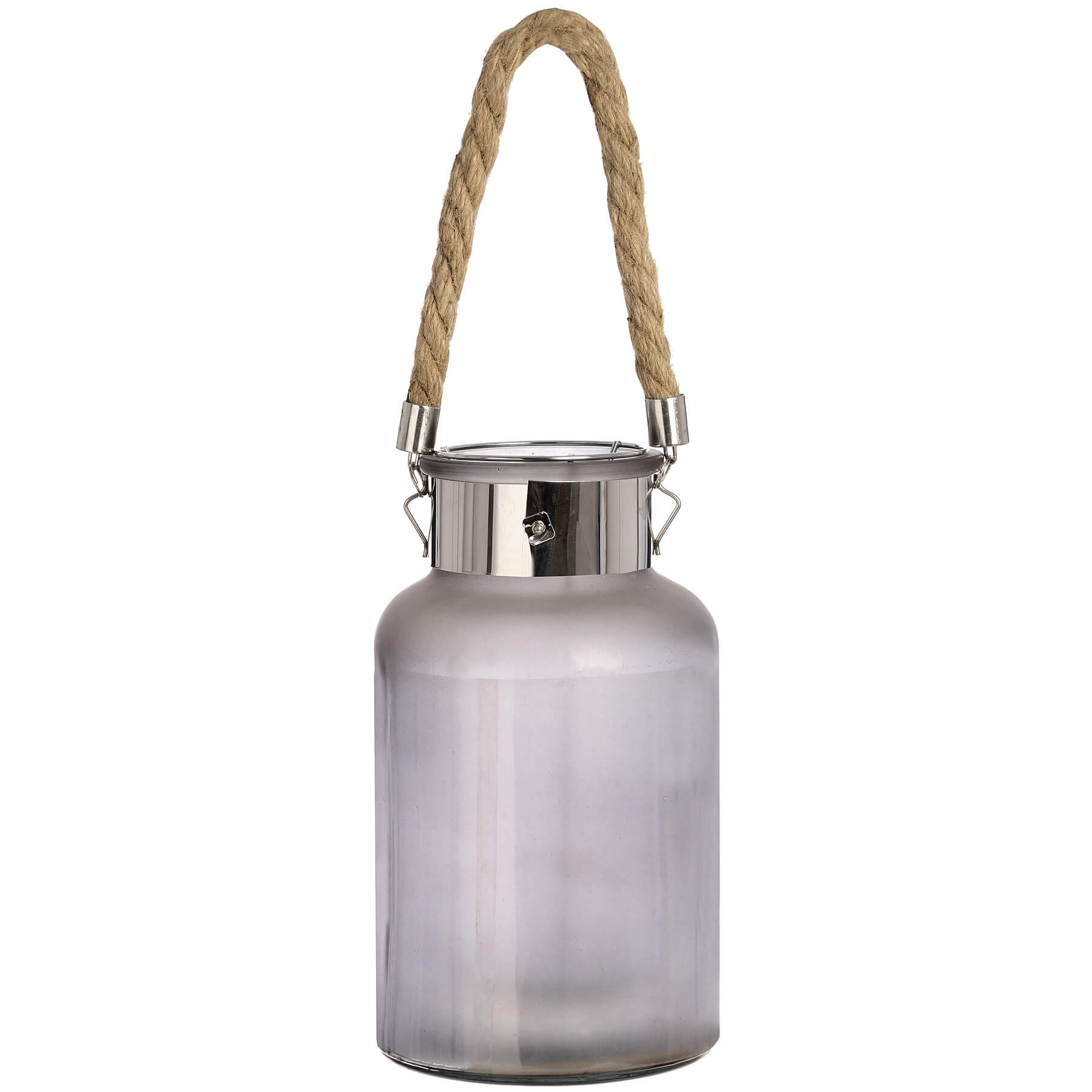 Frosted grey glass lantern with rope handle and warm LED glow, creating a starlight effect for indoor or outdoor decor. by RoomLondon at brixbailey.com