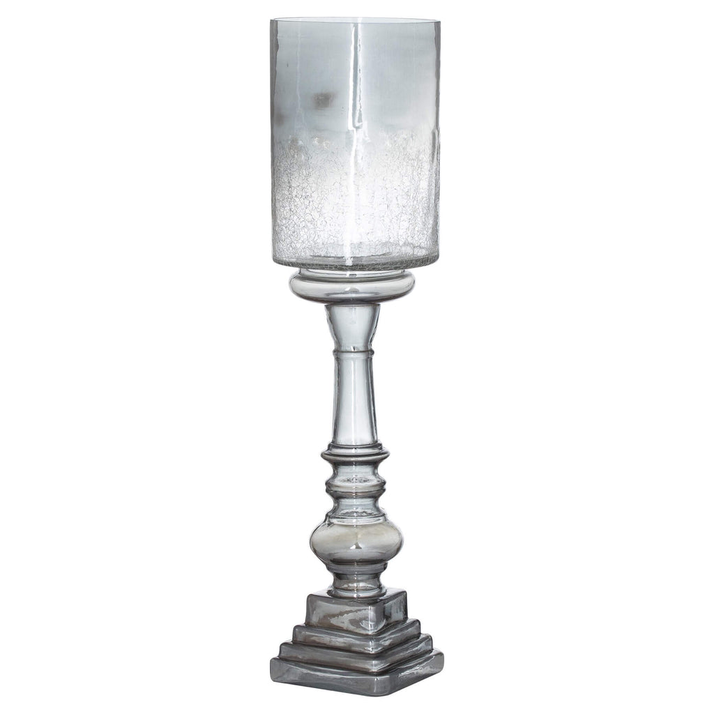 Tall silver smoked glass candle holder, 60cm height, modern elegant centerpiece with warm atmospheric glow by RoomLondon at brixbailey.com