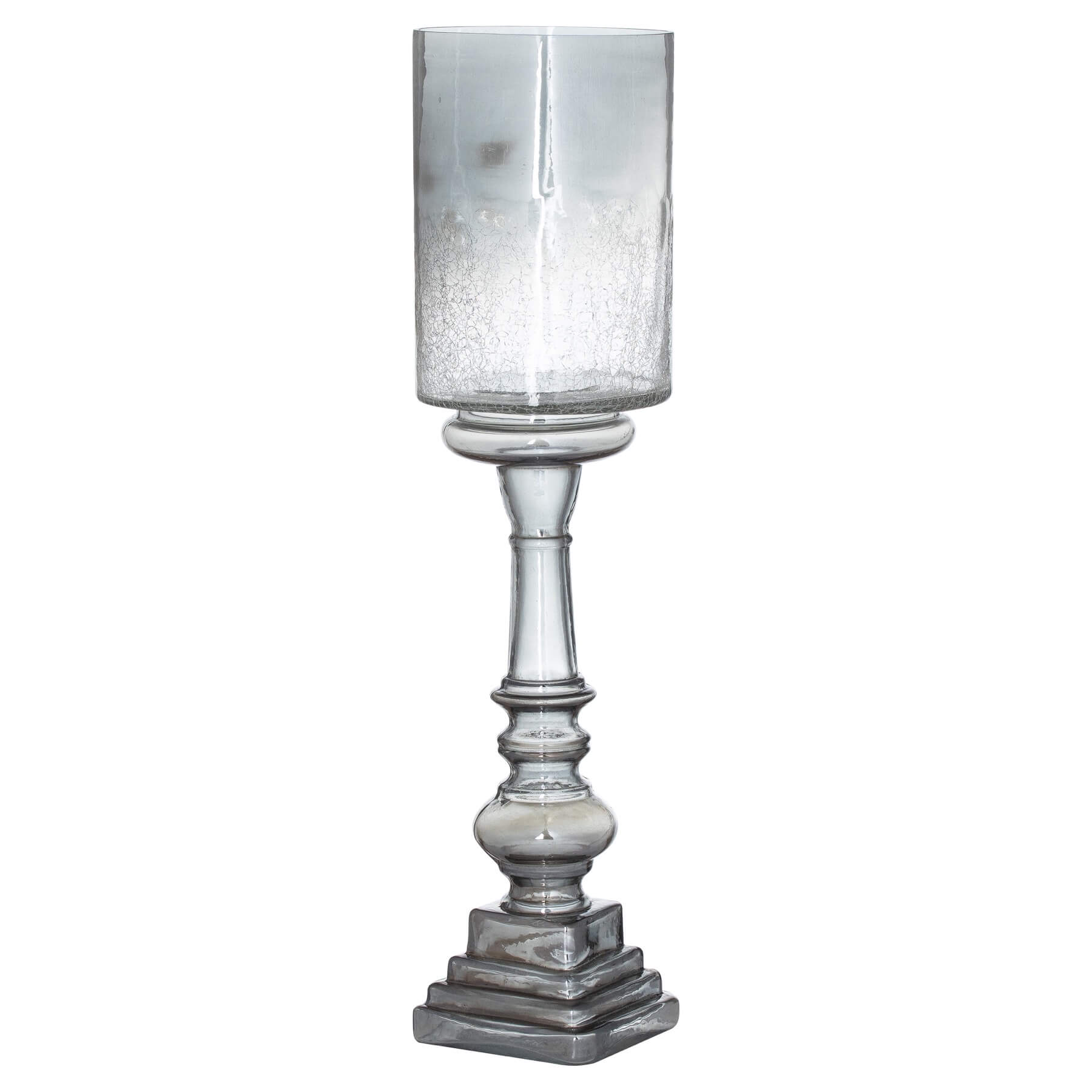 Tall silver smoked glass candle holder, 60cm height, modern elegant centerpiece with warm atmospheric glow by RoomLondon at brixbailey.com