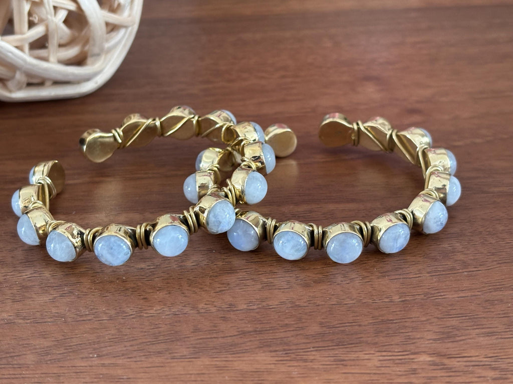 Moonstone Cuff Bangle Adjustable Brass Bracelet with Natural Stone