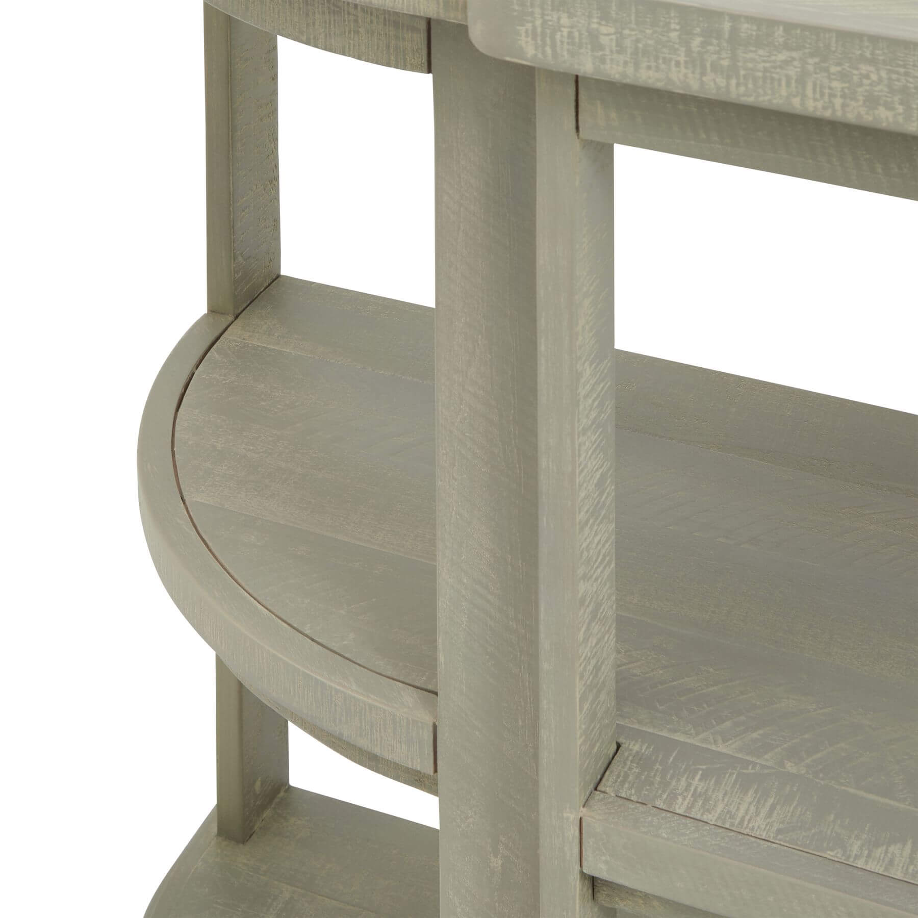 Hand-finished grey-washed pine console table with organic curves, natural wood grain, and artisanal character by RoomLondon at brixbailey.com