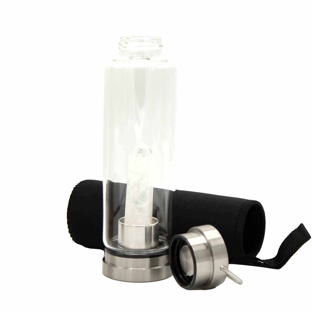 Crystal Infused Glass Water Bottle with Clear Quartz Obelisk