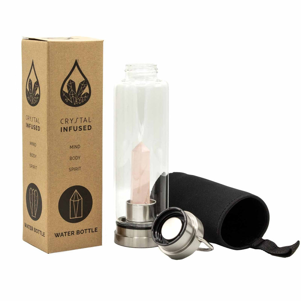 Crystal Infused Glass Water Bottle Rose Quartz Obelisk