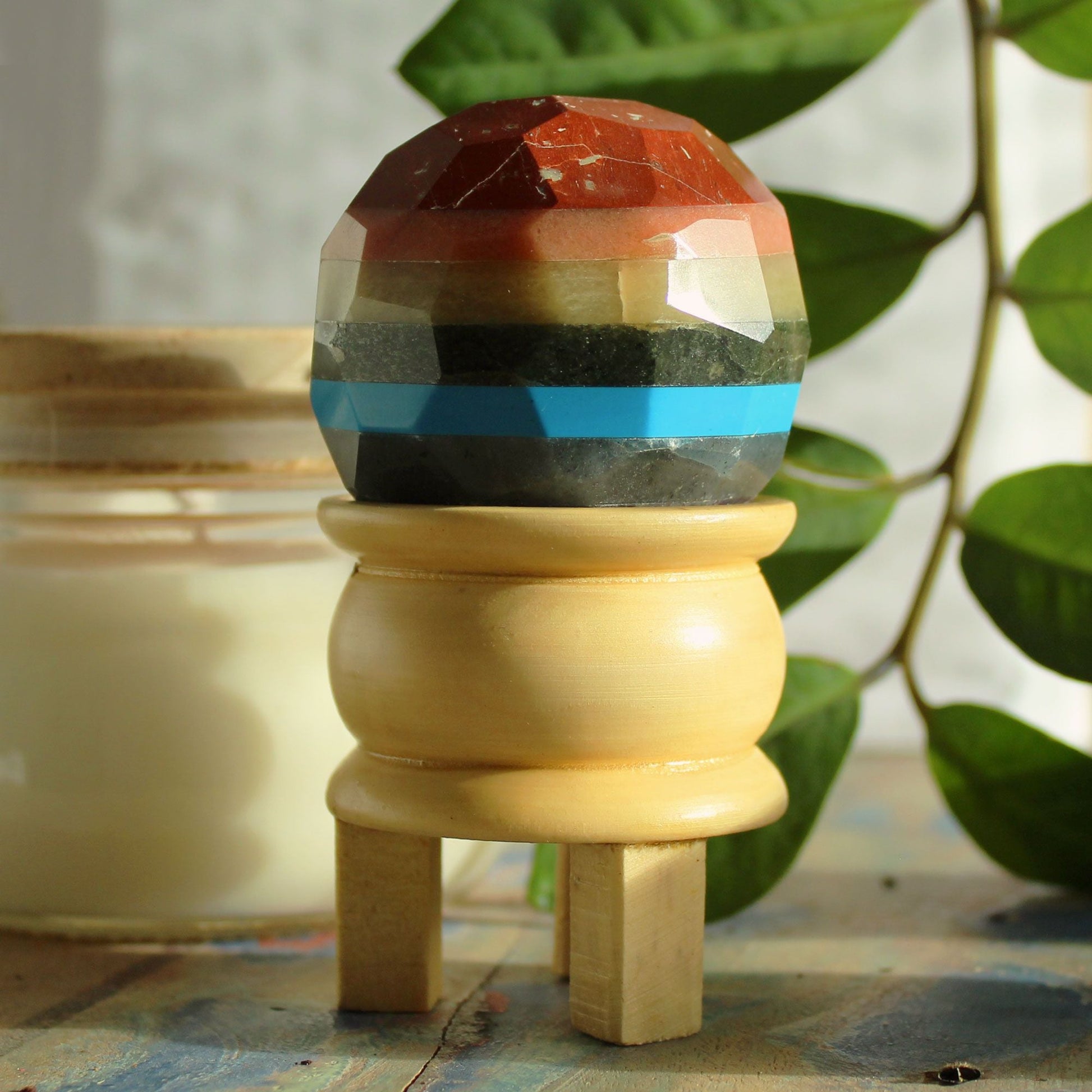 Seven Chakra Gemstone Faceted Healing Ball with Wooden Stand