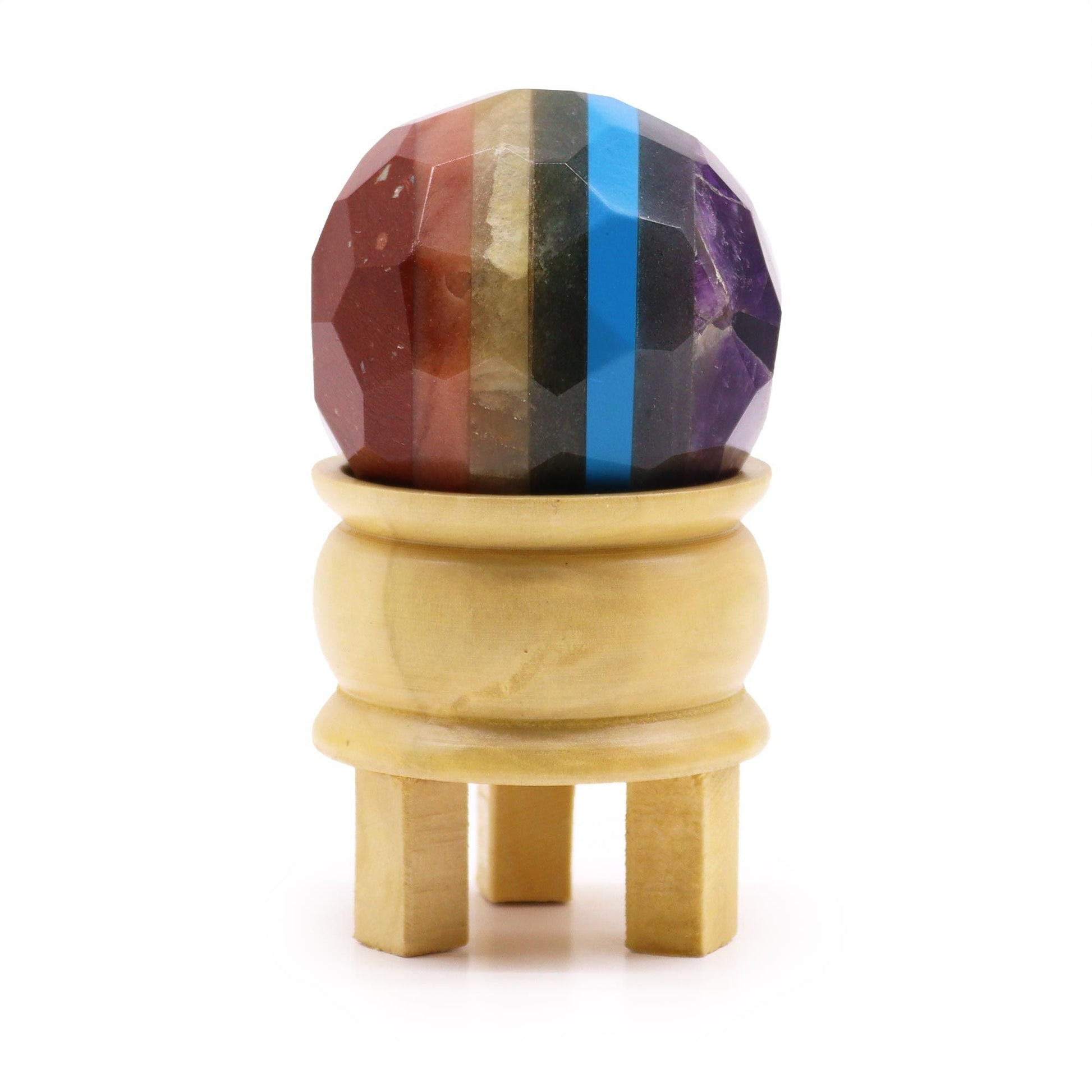 Seven Chakra Gemstone Faceted Healing Ball with Wooden Stand
