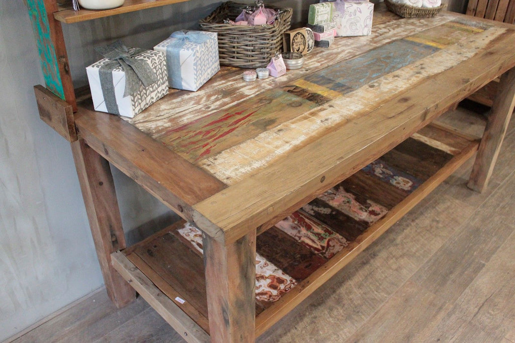 Recycled Teak Wood Dining Table with Top Shelf  180×80x80cm