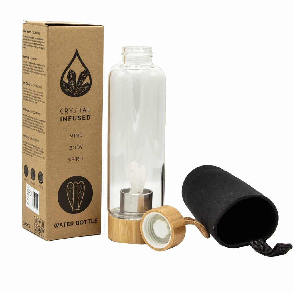 Crystal Infused Glass Water Bottle with Clear Quartz