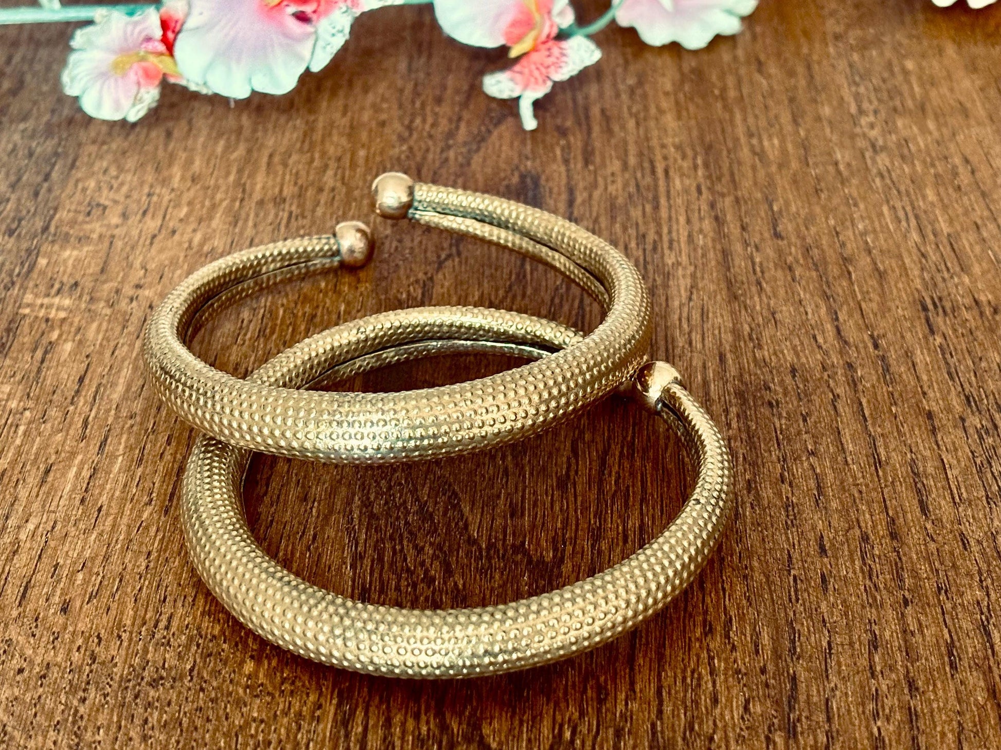 Minimal Solid Brass Torque Bangles Vintage Rustic Gold Open Cuffs