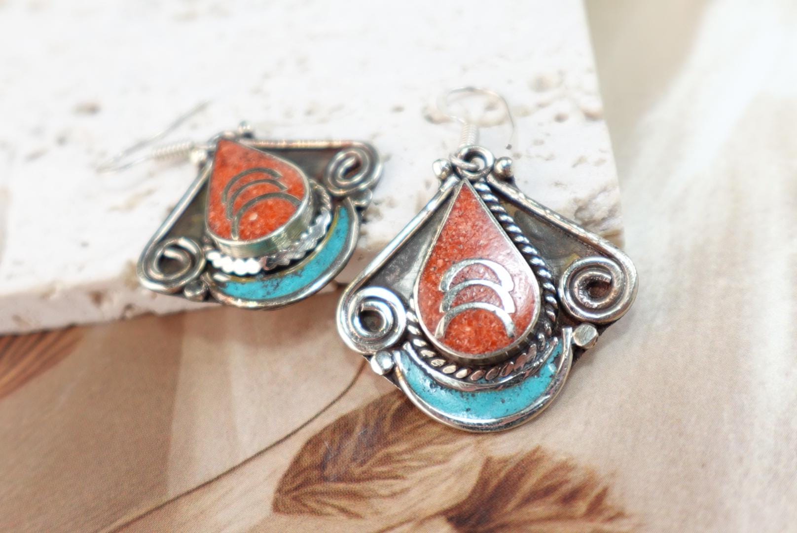 Turquoise and Coral Boho Drop Earrings