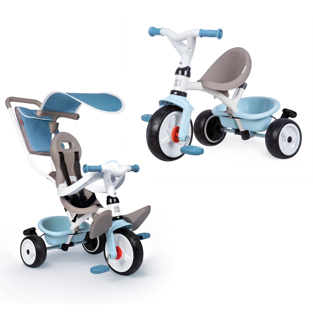 close-up of the blue tricycle's adjustable parent handle and storage compartment