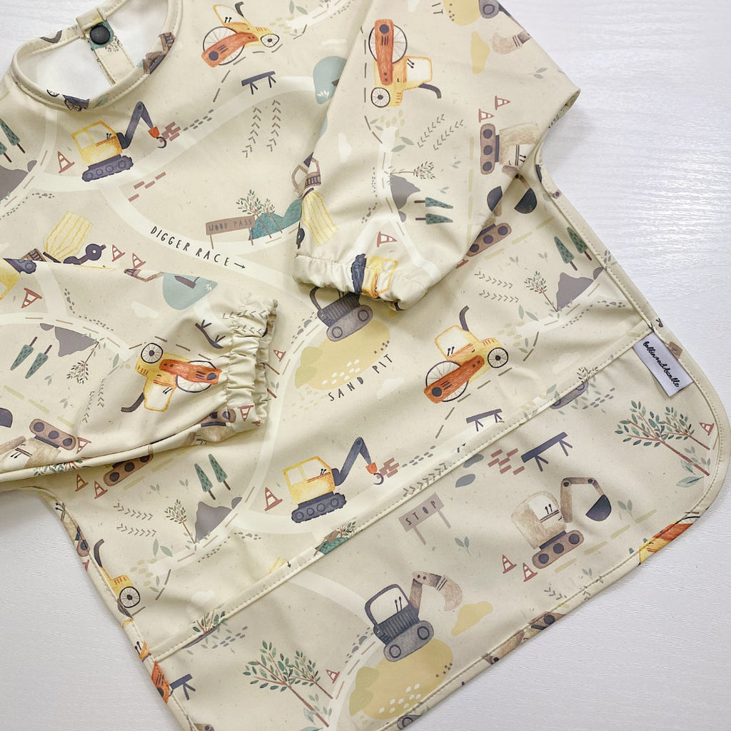 Long Sleeved Baby Bib - Digger Land Print