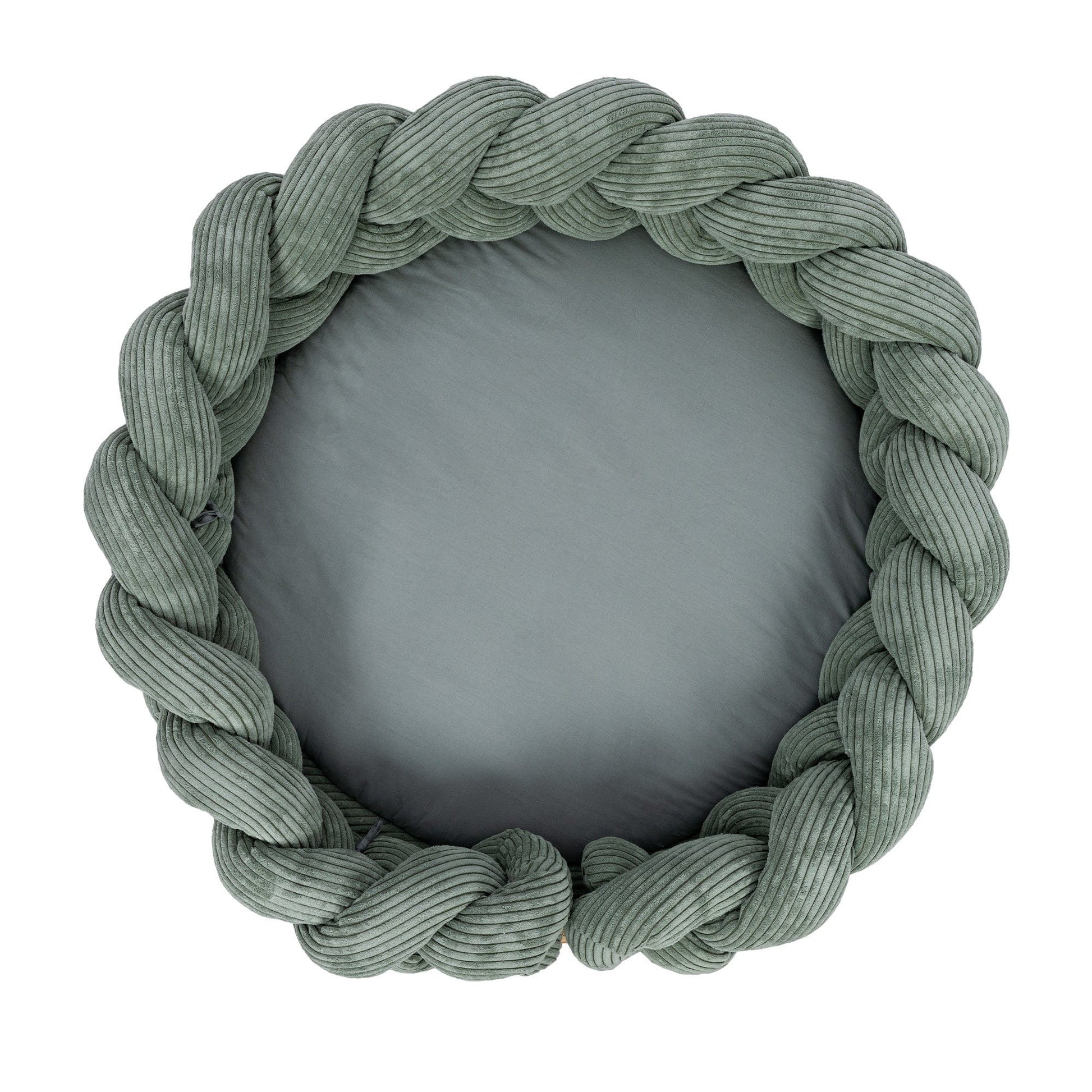 bold olive green baby nest with intricate braided bumper on a clean white background