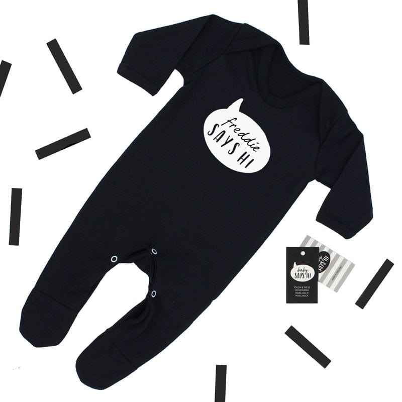 Baby Says Hi Personalised Black Sleepsuit Newborn 0-3 Months