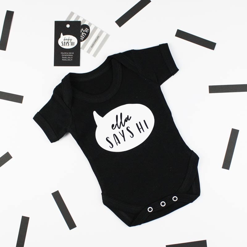 Baby Says Hi Personalised Black T Shirt for Newborns 0 to 3 Months