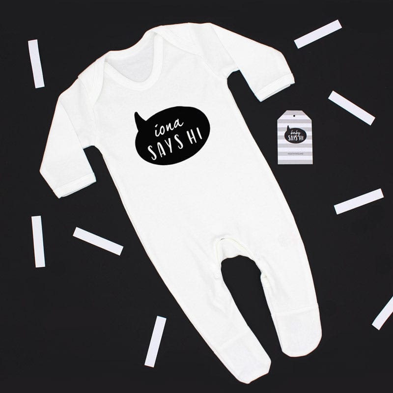 Baby Says Hi Personalised White Sleepsuit for Newborns 0-3 Months