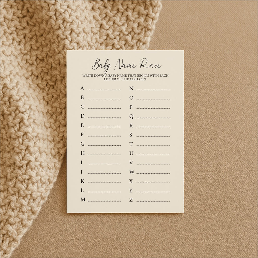 a bold close-up of baby name race cards on a dark table, ready for frantic scribbling