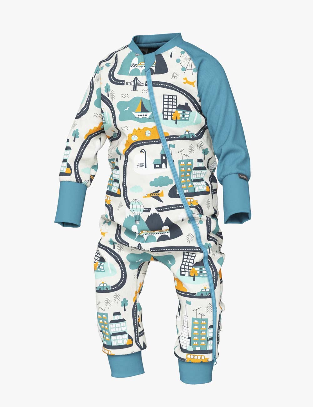baby in a soft cotton city life sleepsuit with cozy ribbed cuffs and a two-way zipper for easy changes