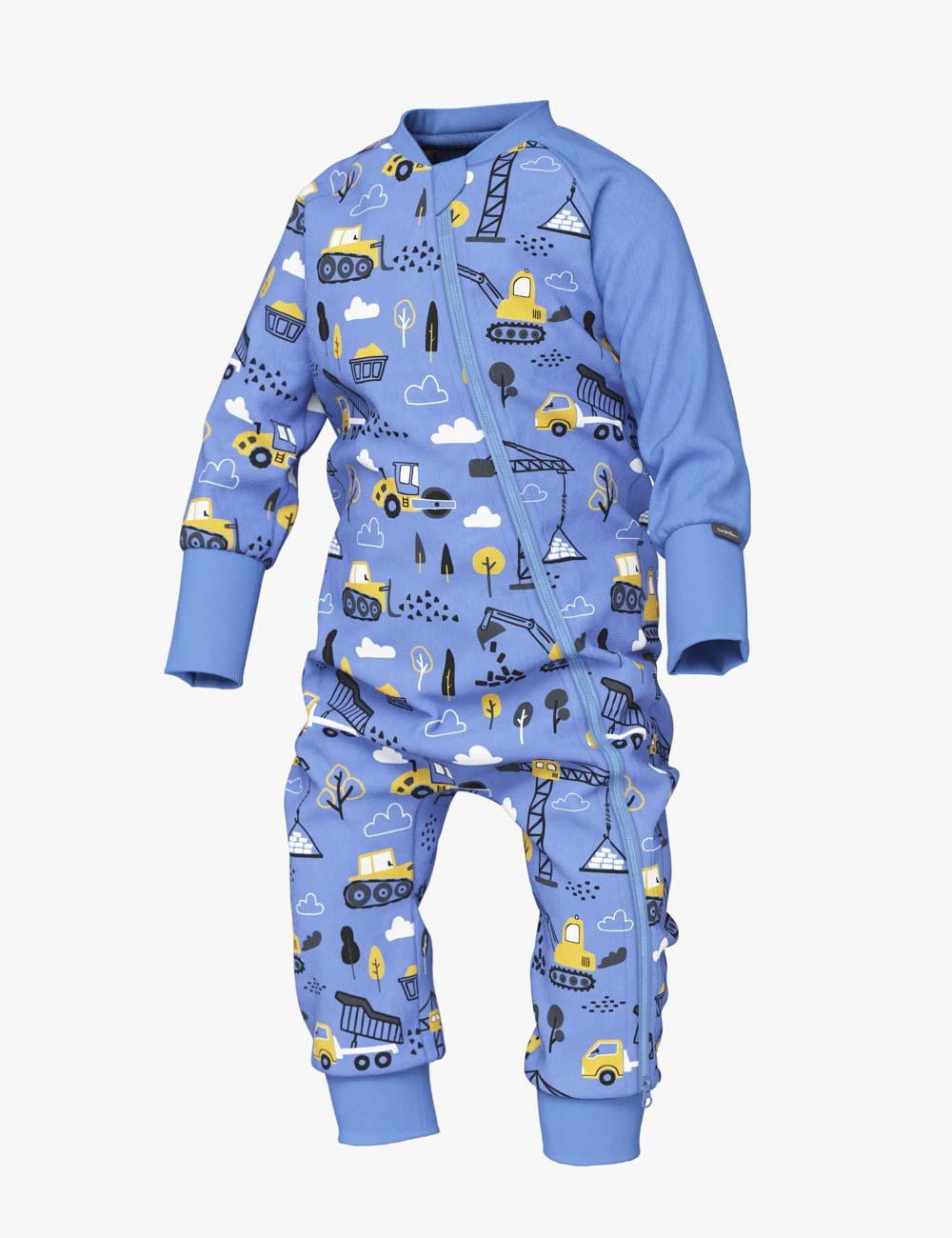 bold construction-themed baby sleepsuit with vibrant colors and a two-way zipper for easy changes