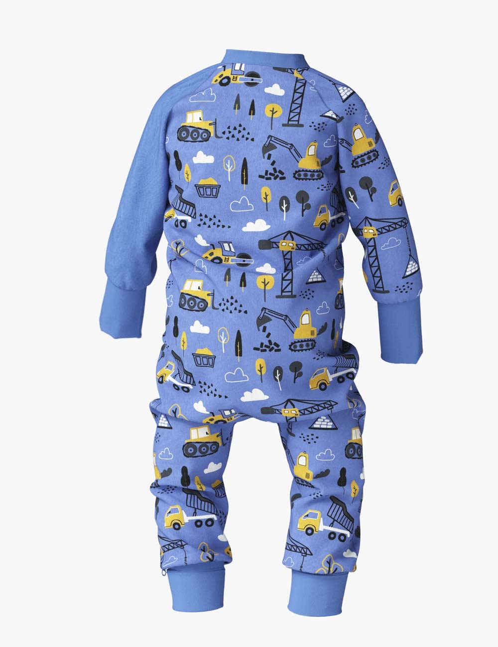 playful baby in a colorful freda construction jumpsuit, laughing during a fun playtime moment