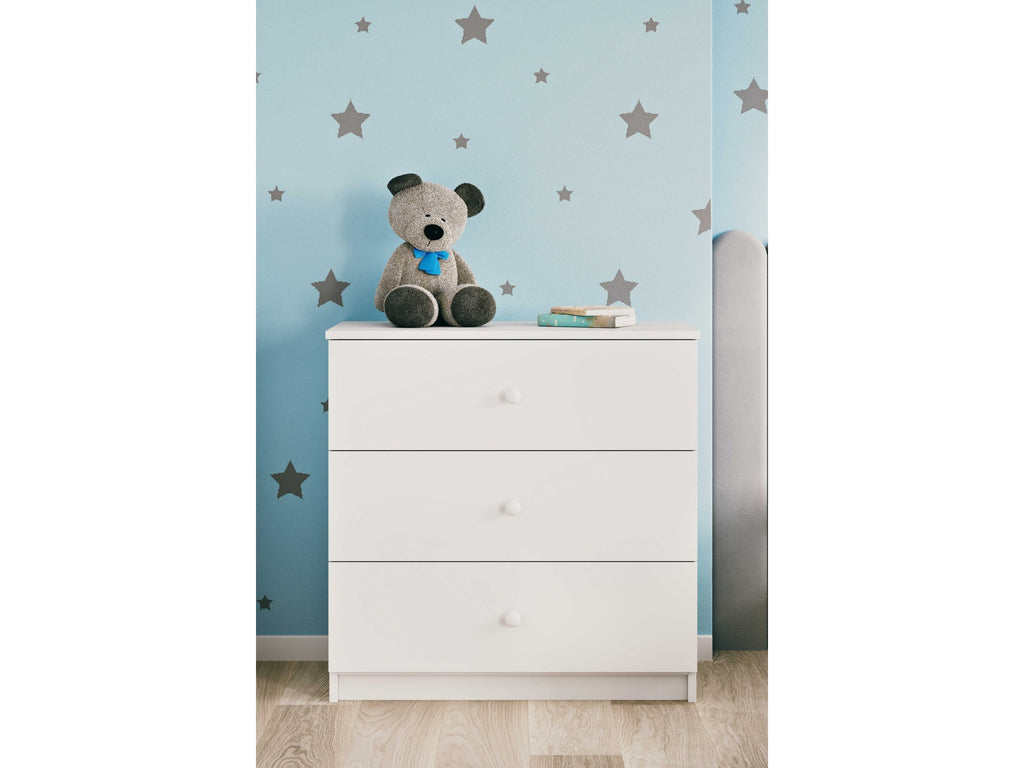 functional babydreams chest of drawers with three spacious drawers in a well-organized kids room