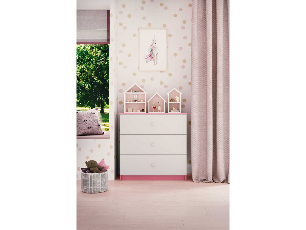 a functional and practical babydreams chest of drawers with three smooth-gliding drawers open to show spacious storage