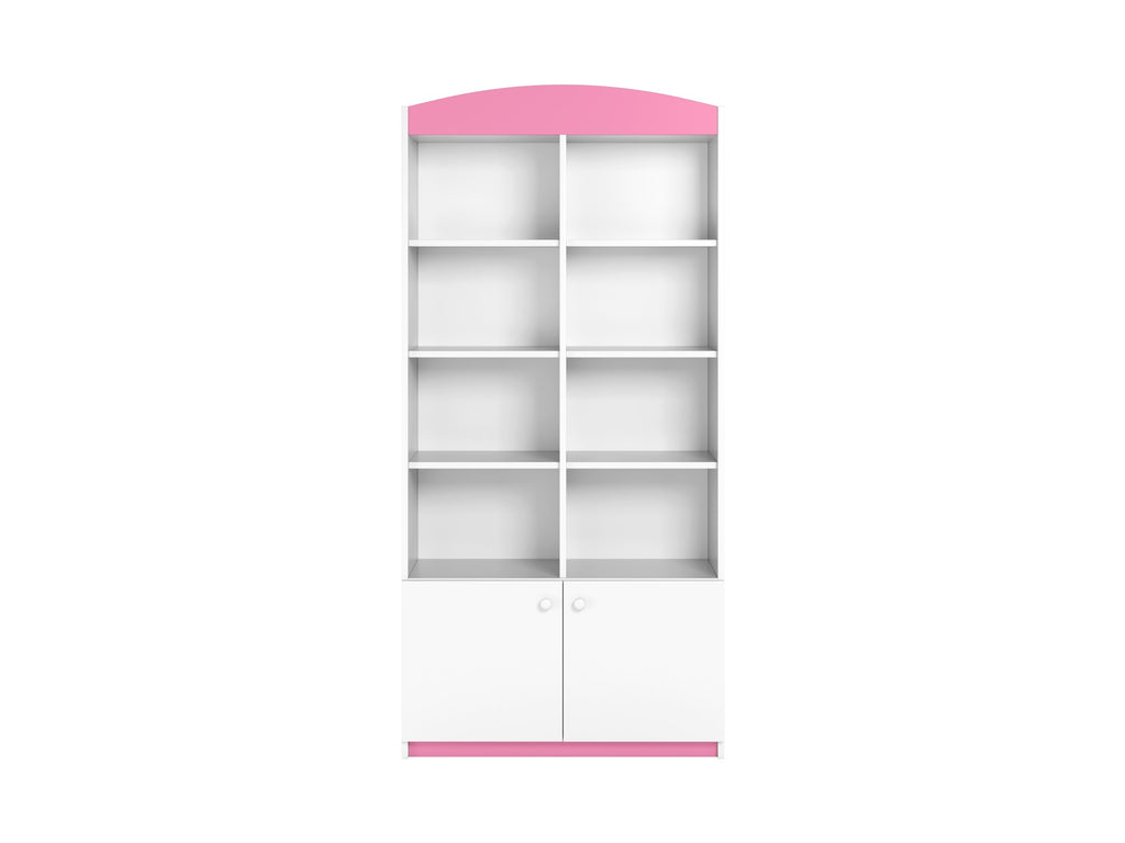 colorful double kids shelf with open and closed cubbies, playful room decor