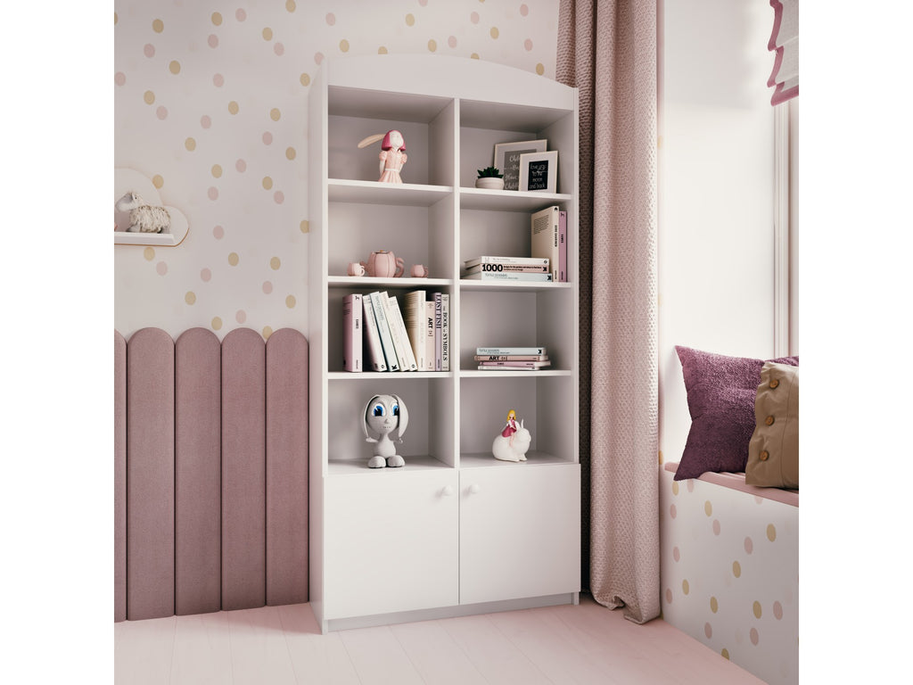 softly lit double kids shelf in a cozy nursery with plush toys on the open shelves