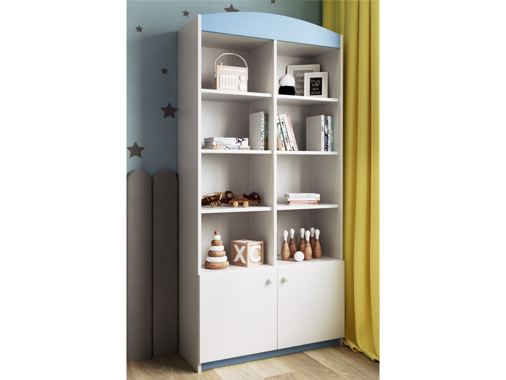 bold modern kids shelf with vibrant open and closed storage in a bright room