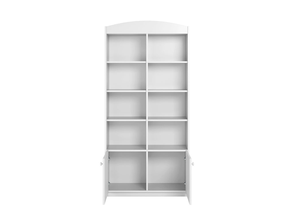 functional double shelf unit with open and closed storage for a tidy kids room