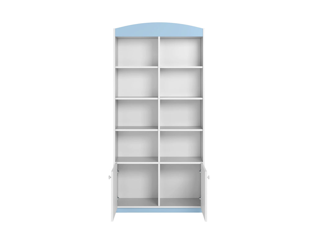 functional kids double shelf with open and closed storage in a bright, organized playroom